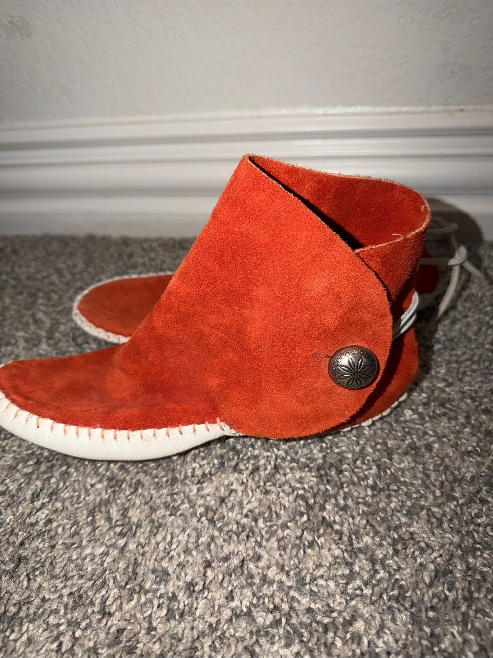 Women's Orange Suede Moccasin Ankle Boot with Button Detail